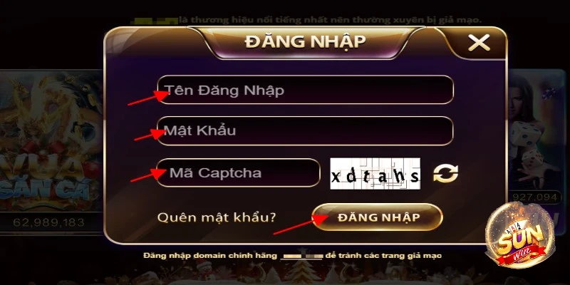 Biểu mẫu điền thông tin để đăng nhập vào cổng game